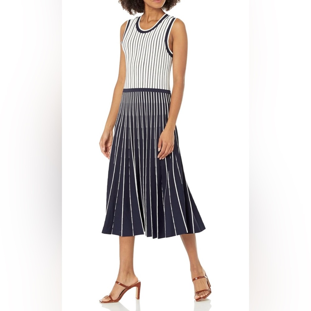 Jason Wu Collective Sleeveless Pleated Knit Flared Dress in‎ blue and white S